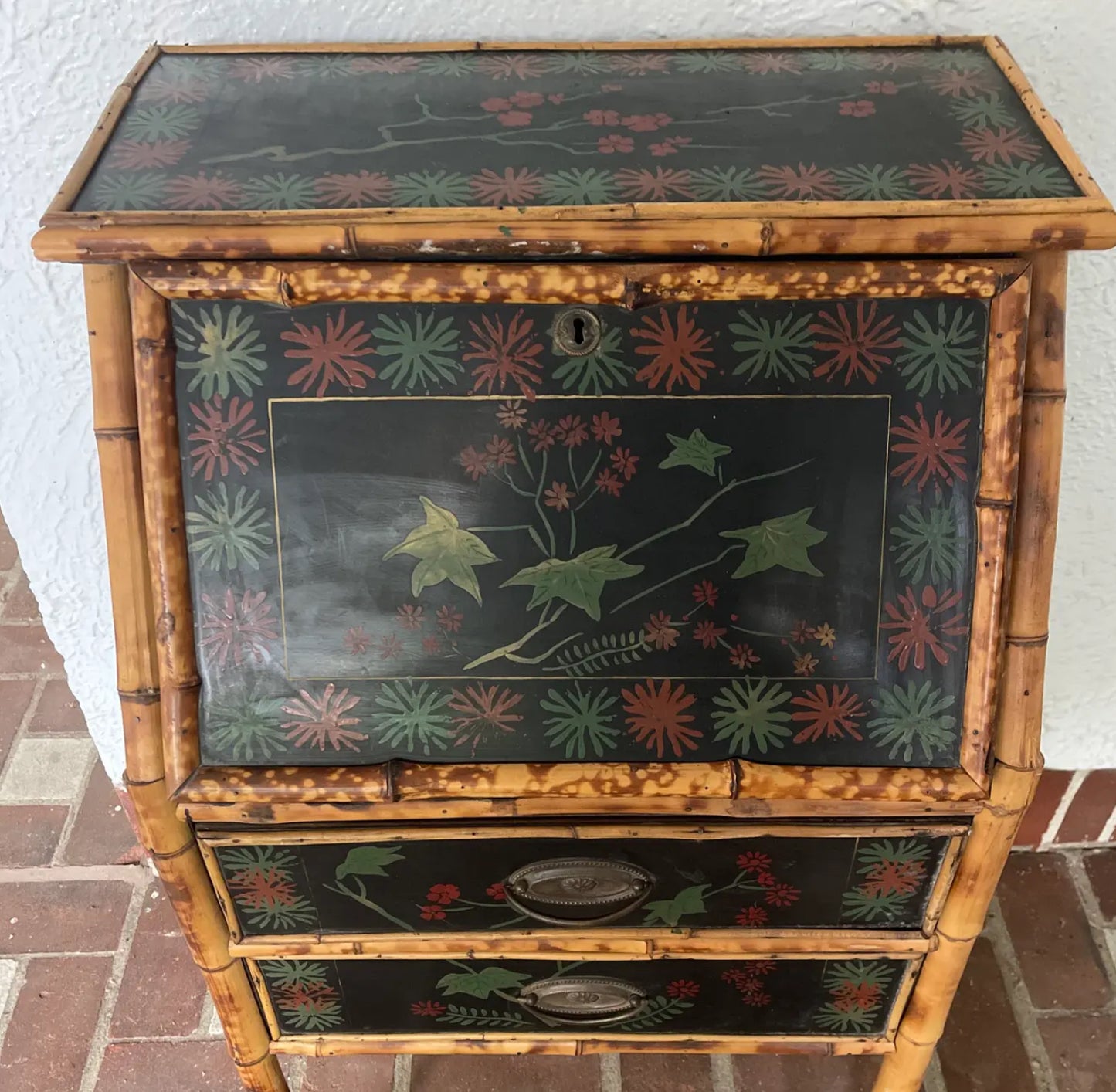 1950s Vintage English Tortoise Bamboo Slant Front Desk