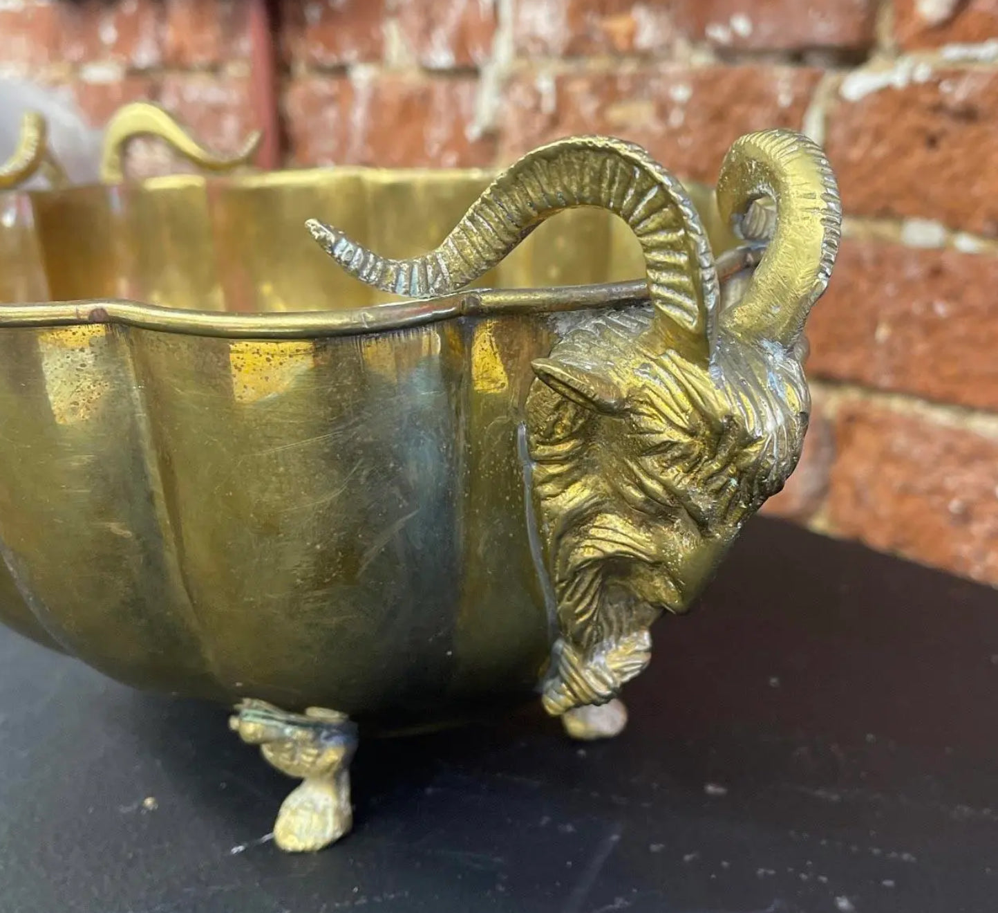 Vintage Brass Bowl With Rams Heads