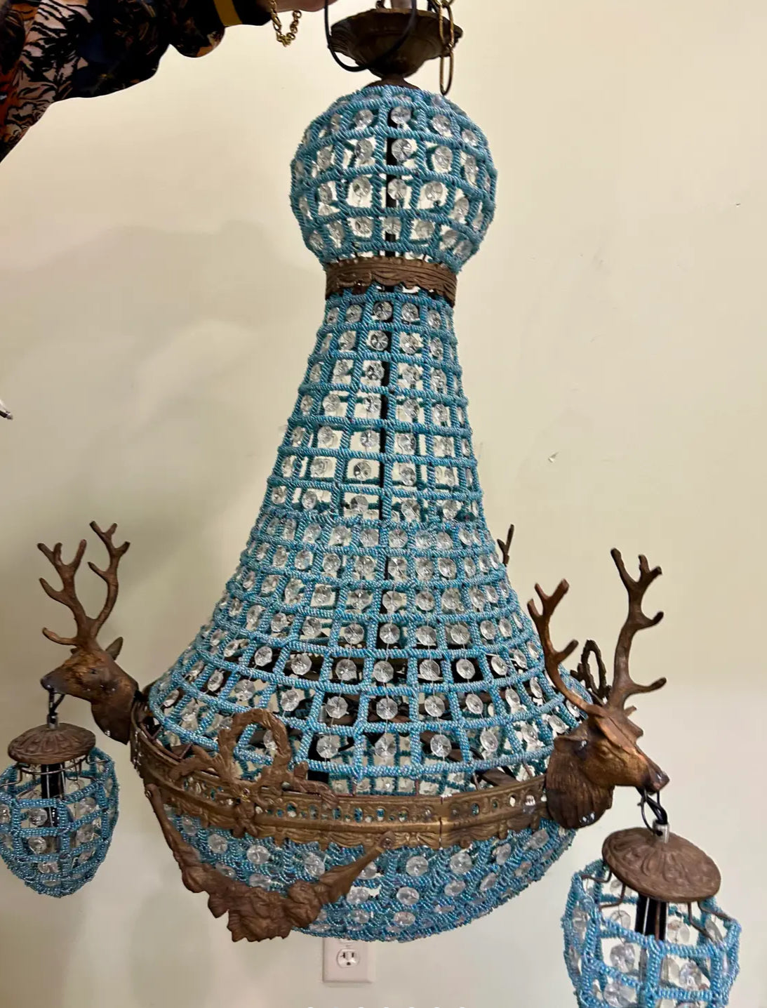 Vintage French Blue Crystal Beaded Brass Stag Deer Head Chandelier