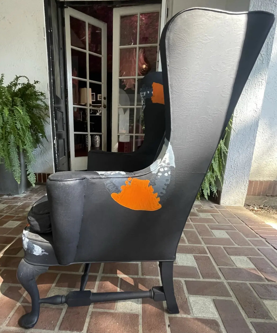 1990s Vintage Wing Chair With Snake Painted Fabric