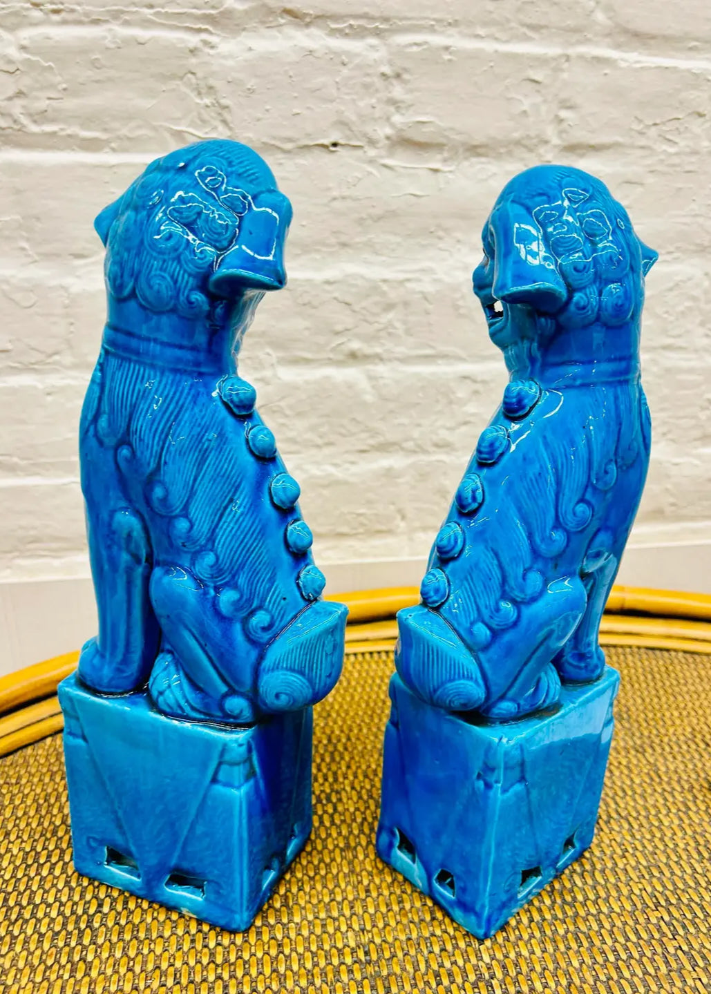Pair of Vintage Mid-Century Modern Cobalt Blue Chinese Porcelain Mounted Foo Dogs