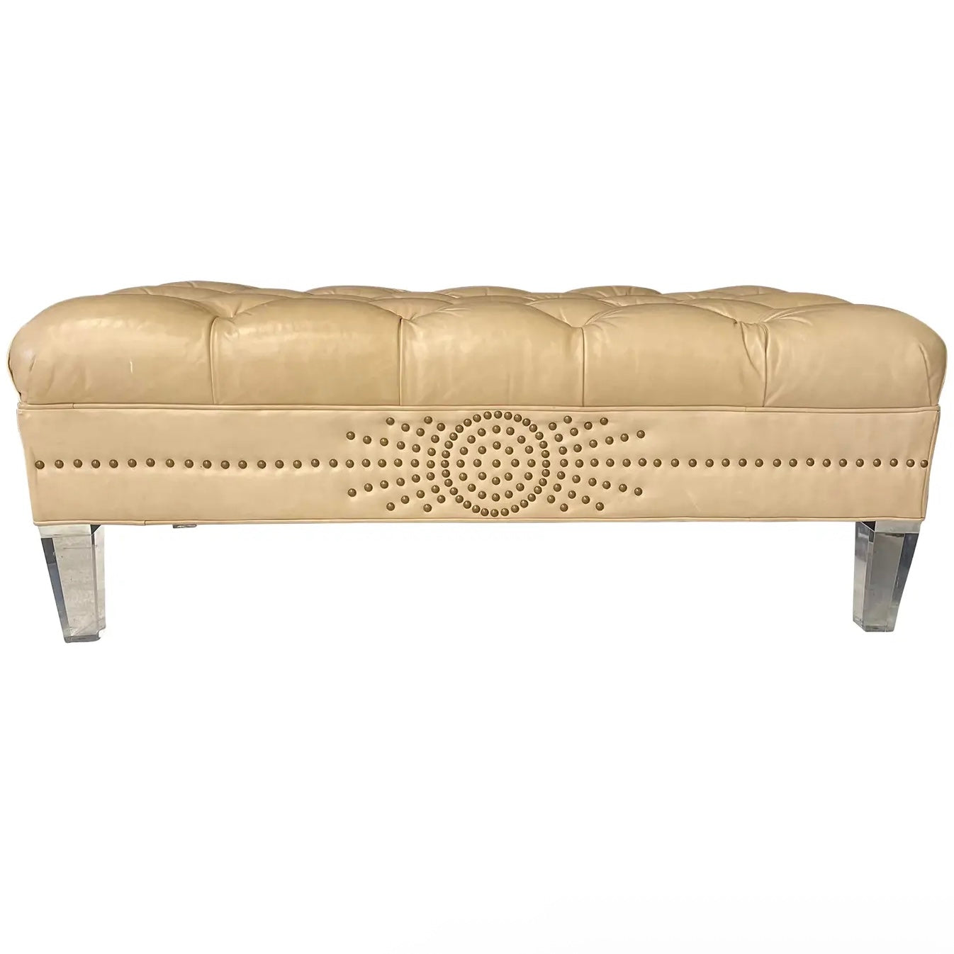 Pre-Owned Laine Cream Leather Ottoman With Brass Tack Embellishments and Lucite Legs