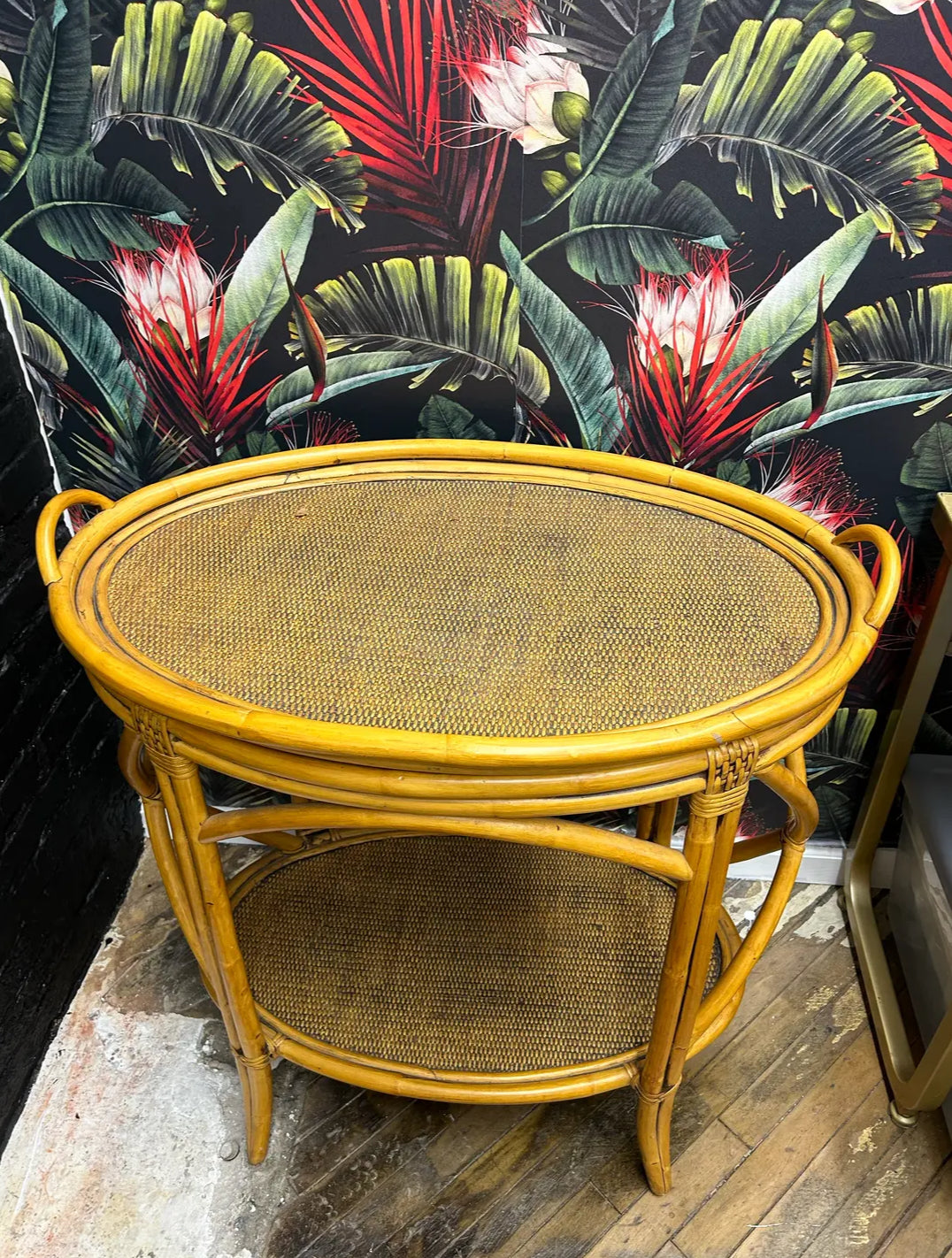 A Pair of Vintage Mid 30th Century McGuire Coastal Bent Bamboo and Rattan Oval Bar Tables With Removable Serving Trays