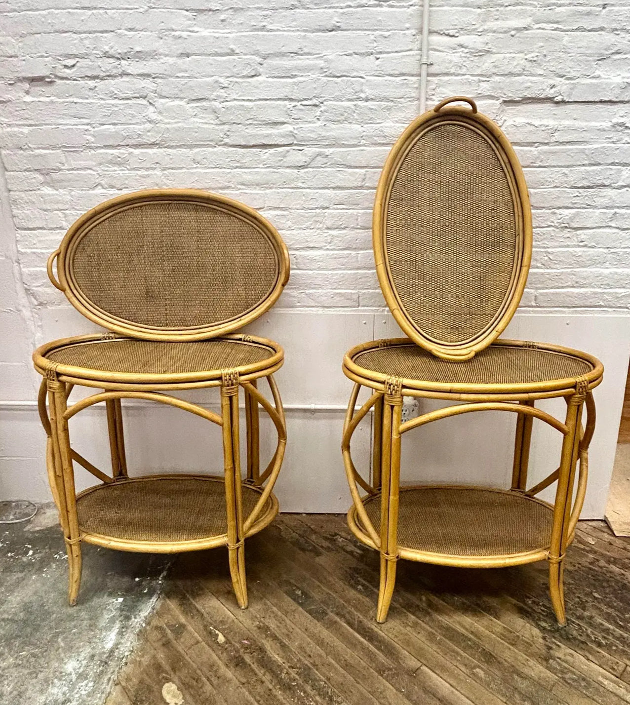 A Pair of Vintage Mid 30th Century McGuire Coastal Bent Bamboo and Rattan Oval Bar Tables With Removable Serving Trays