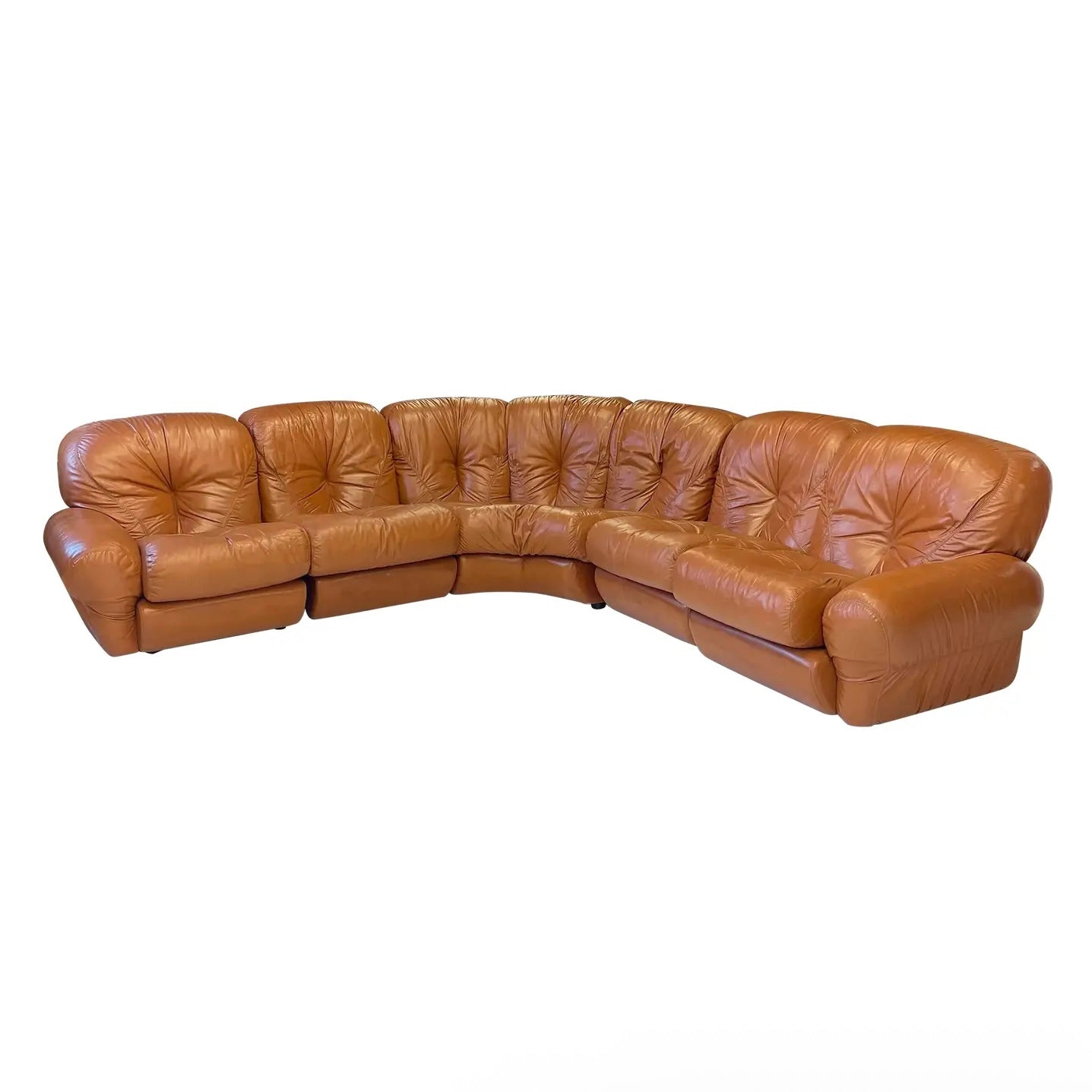 1970s Vintage Mid-Century Cognac Leather Sectional Sofa