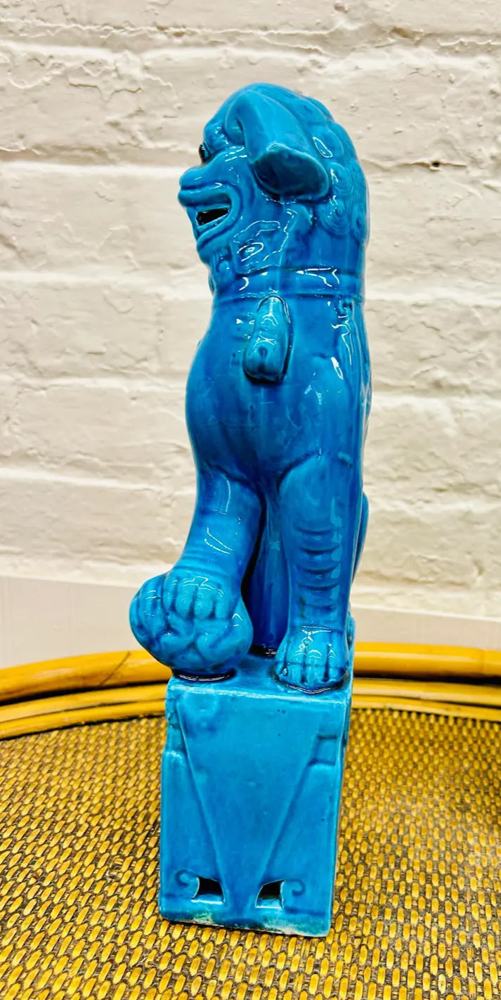 Pair of Vintage Mid-Century Modern Cobalt Blue Chinese Porcelain Mounted Foo Dogs