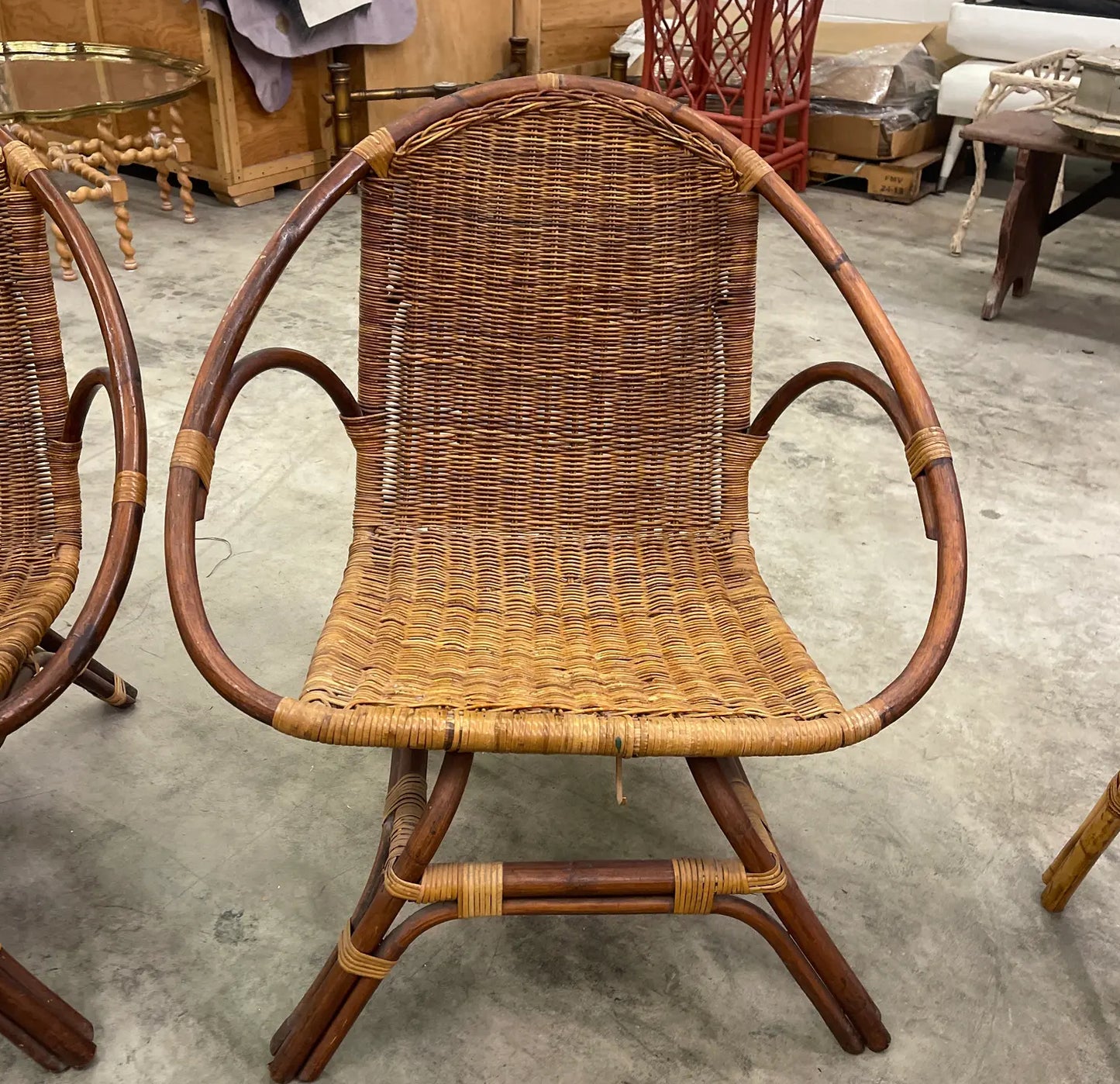 1970s Pair of Vintage Bamboo and Wicker Armchairs