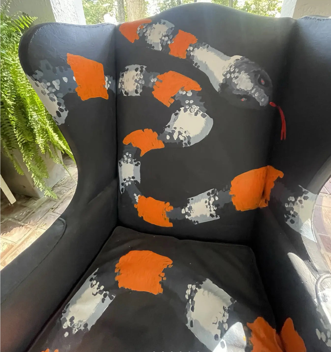 1990s Vintage Wing Chair With Snake Painted Fabric