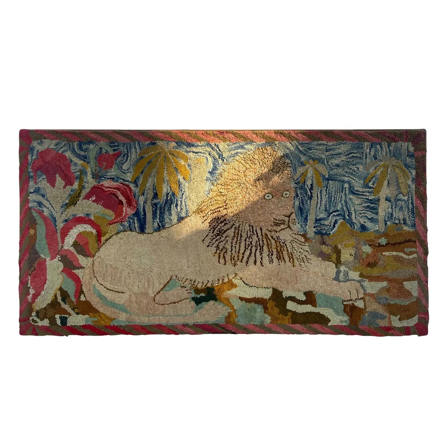 Large Antique Hooked Rug of a Lion With Palms