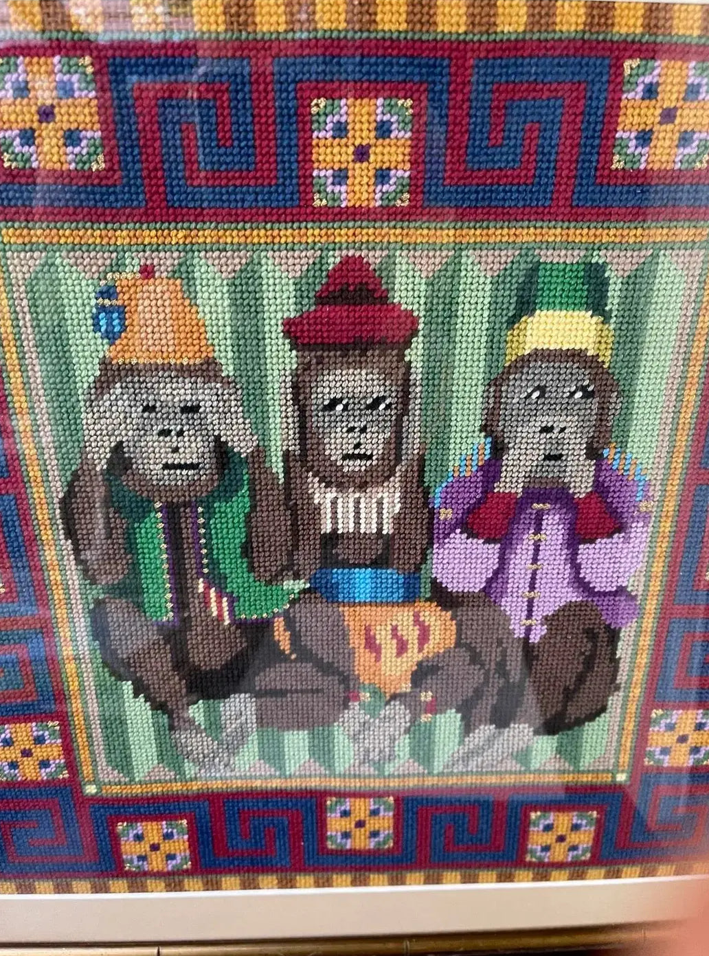 1980s Needlework Picture of Three Monkeys