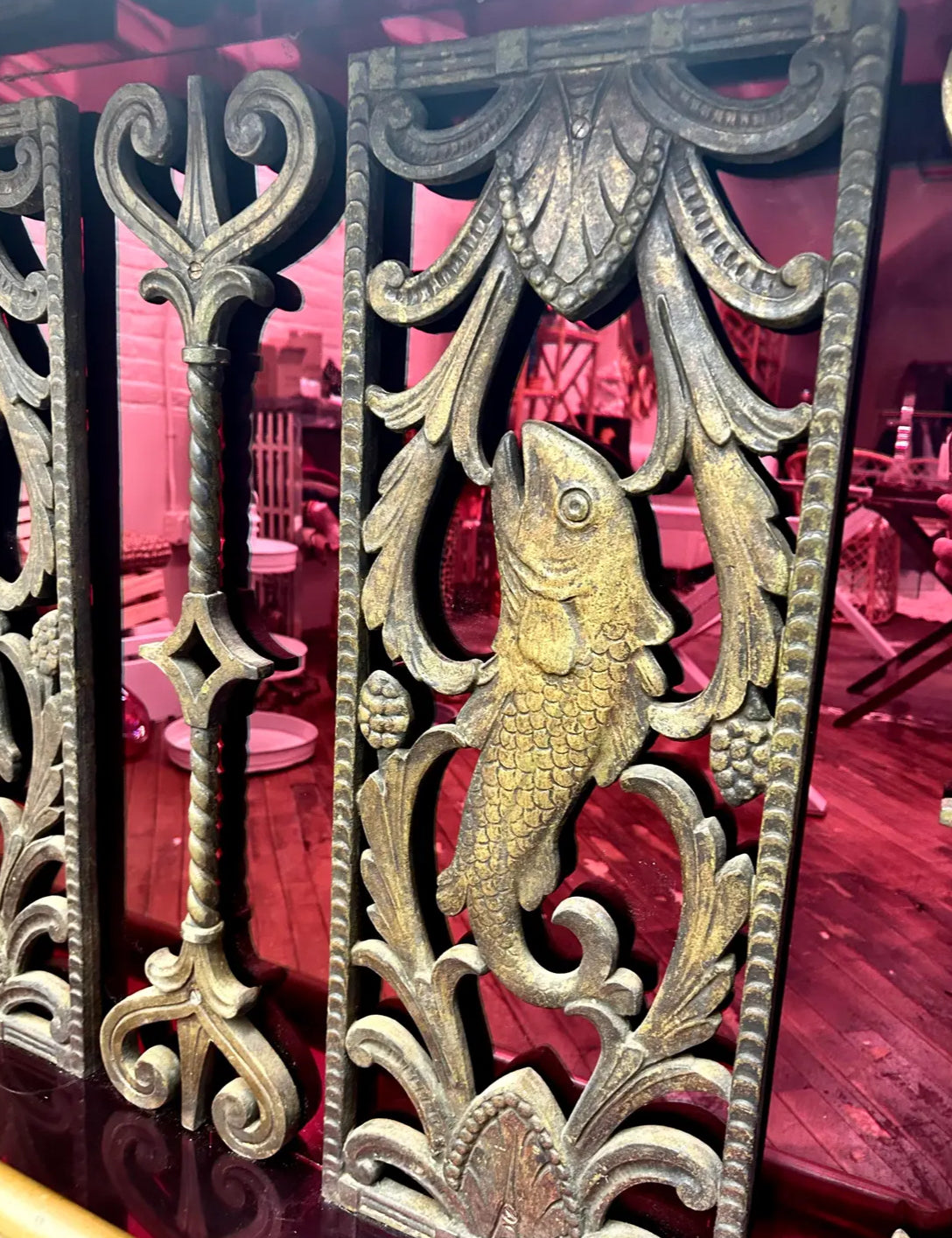 Vintage Red Art Deco Style Bar With Pierced Metal Work