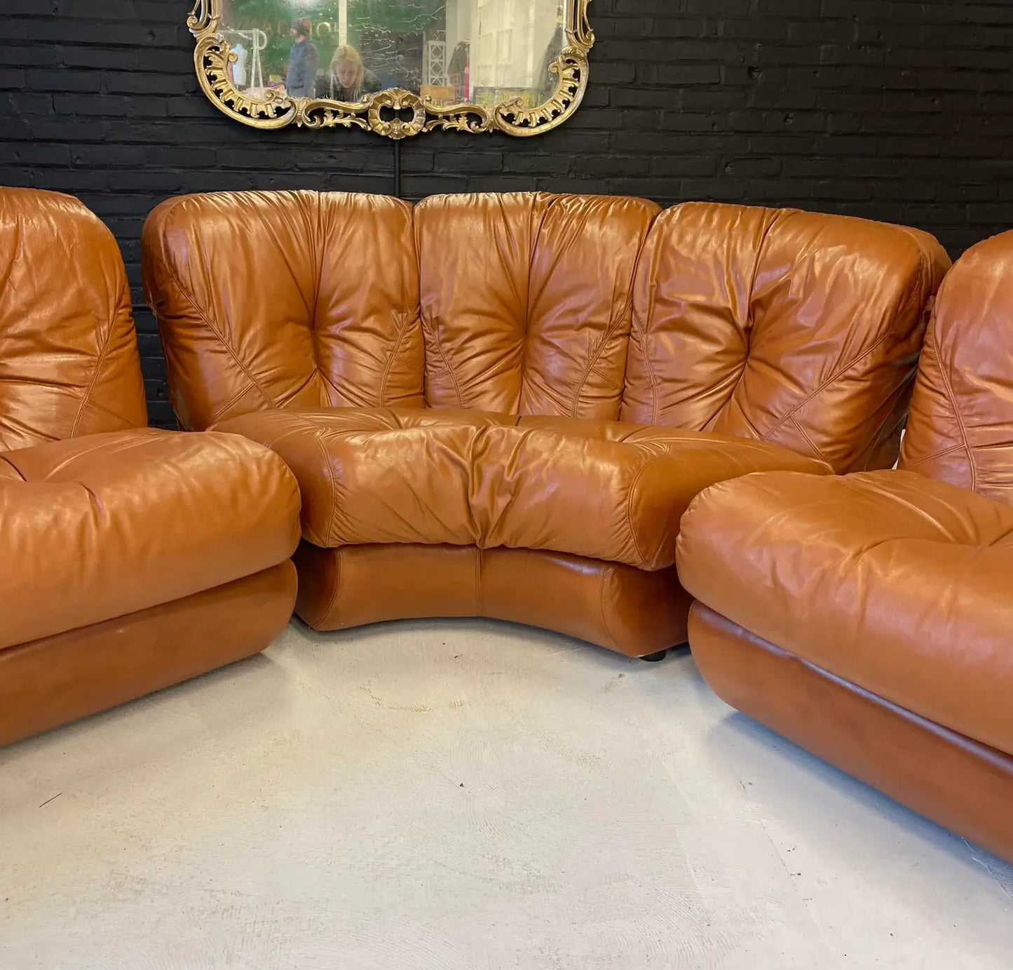 1970s Vintage Mid-Century Cognac Leather Sectional Sofa