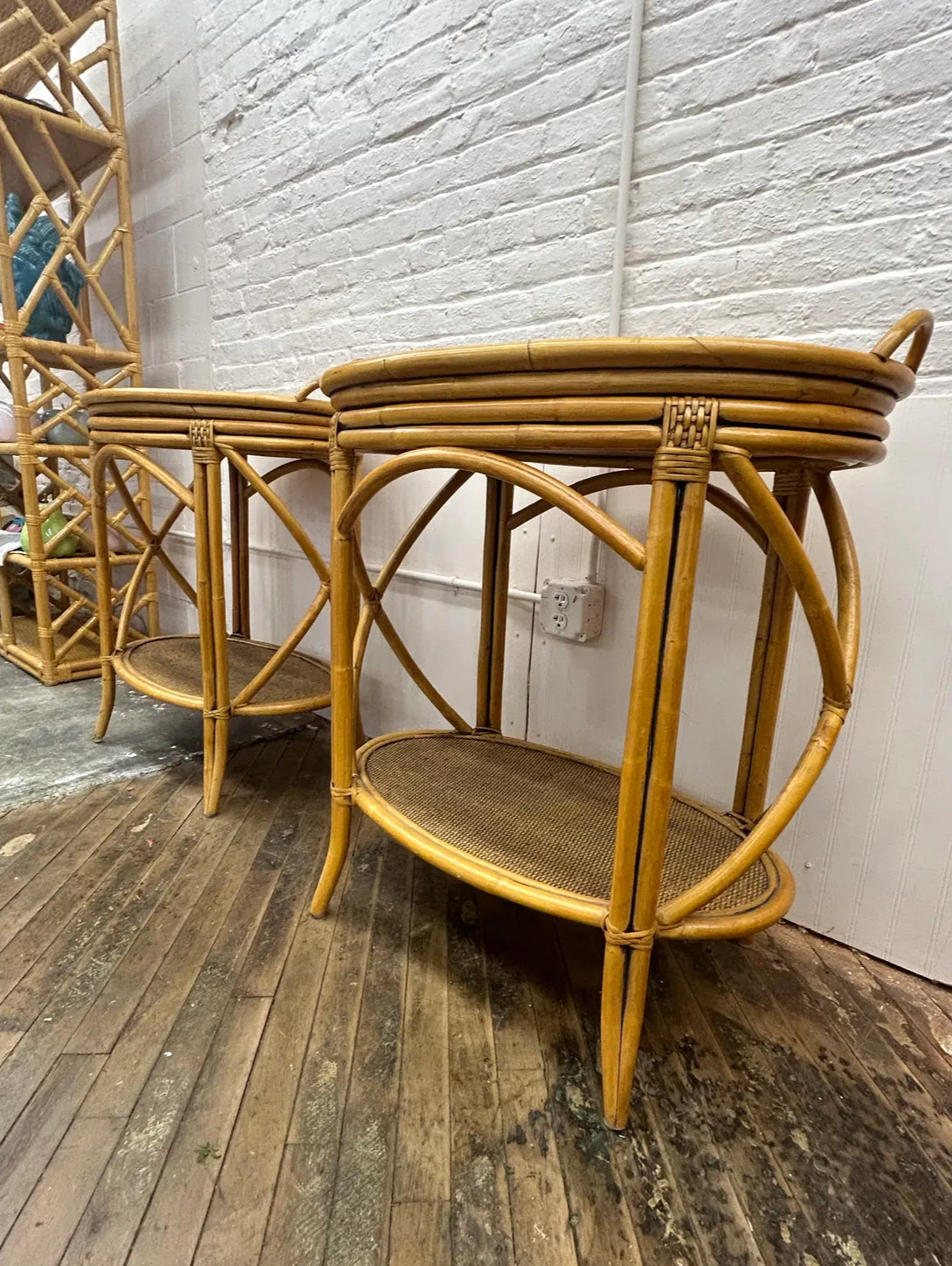 A Pair of Vintage Mid 30th Century McGuire Coastal Bent Bamboo and Rattan Oval Bar Tables With Removable Serving Trays