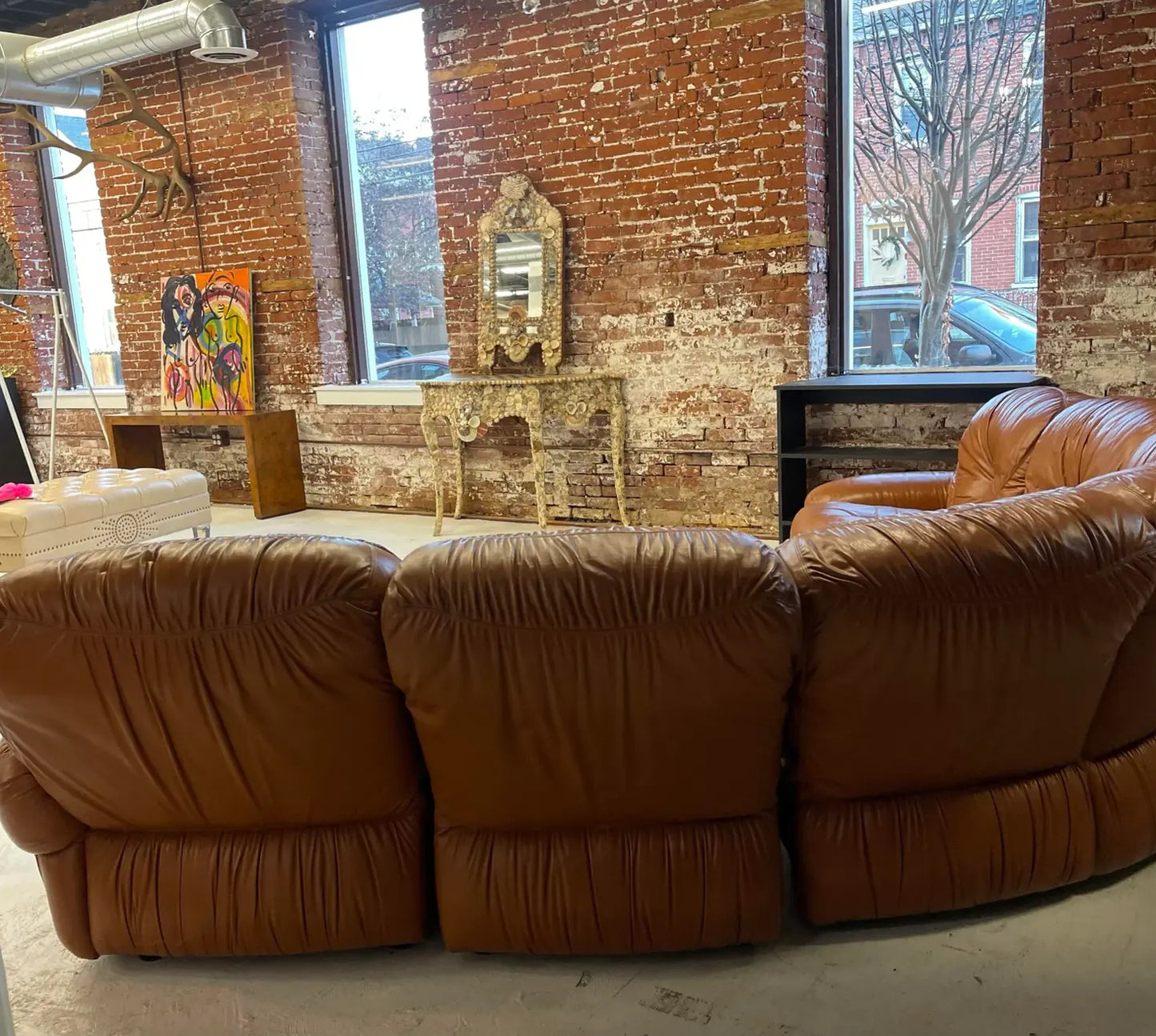 1970s Vintage Mid-Century Cognac Leather Sectional Sofa