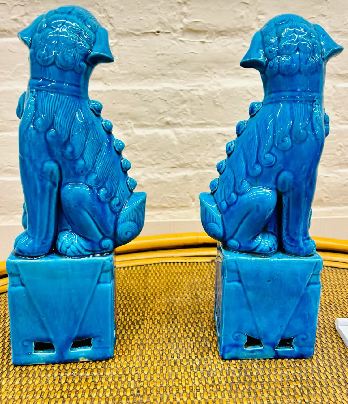 Pair of Vintage Mid-Century Modern Cobalt Blue Chinese Porcelain Mounted Foo Dogs