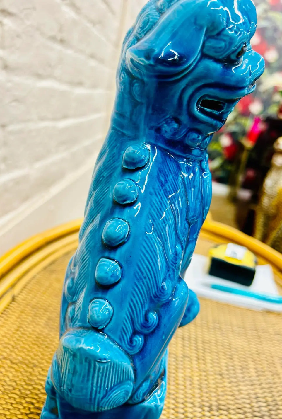 Pair of Vintage Mid-Century Modern Cobalt Blue Chinese Porcelain Mounted Foo Dogs