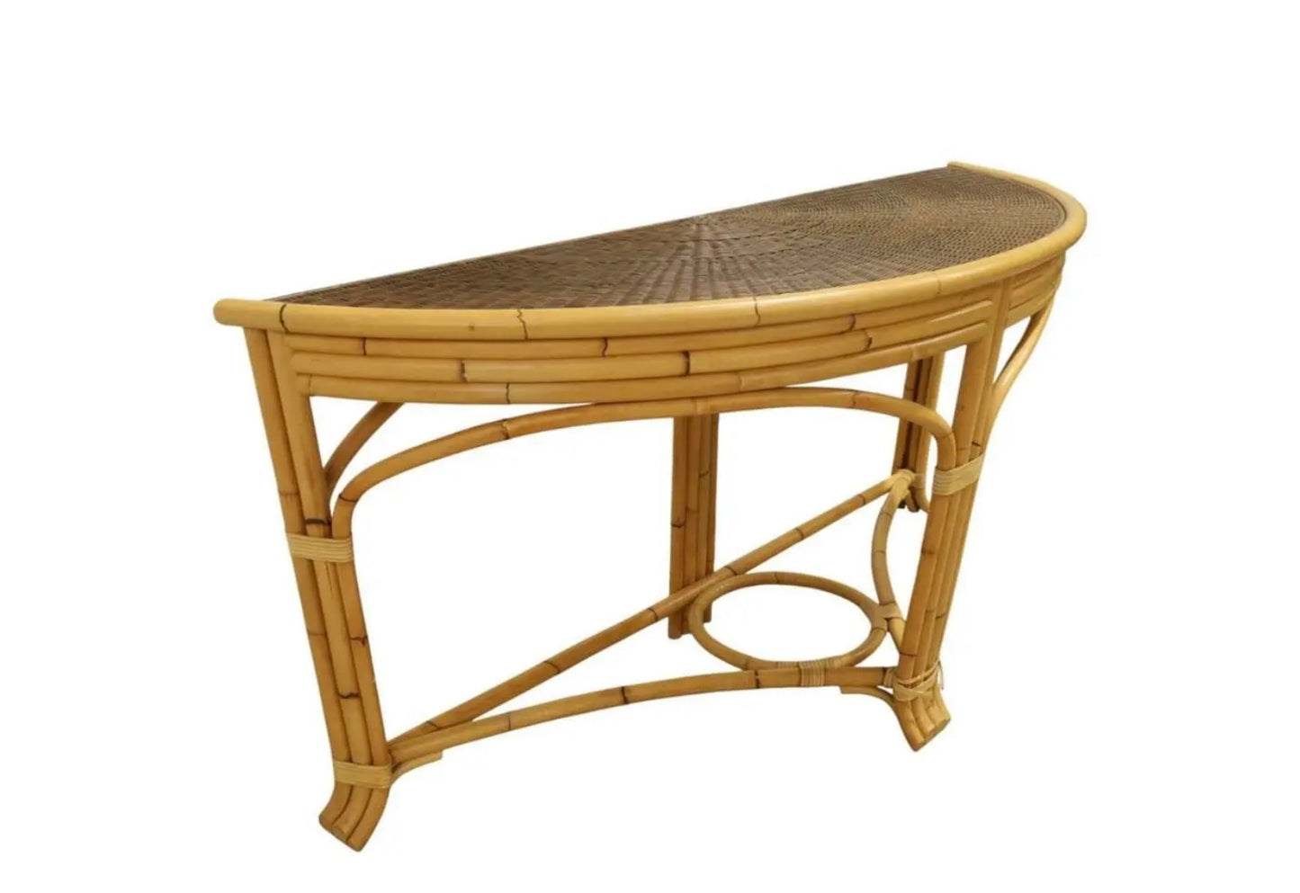 A Pair of Large Rattan and Bamboo Demilune Tables by John Hutton for Donghia
