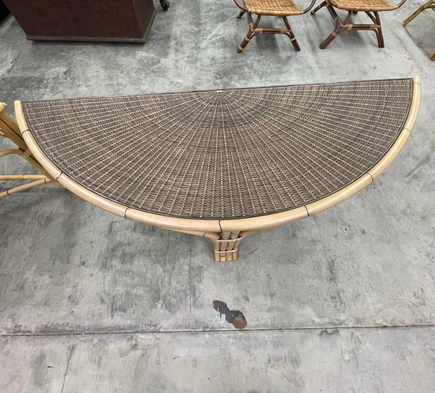 A Pair of Large Rattan and Bamboo Demilune Tables by John Hutton for Donghia