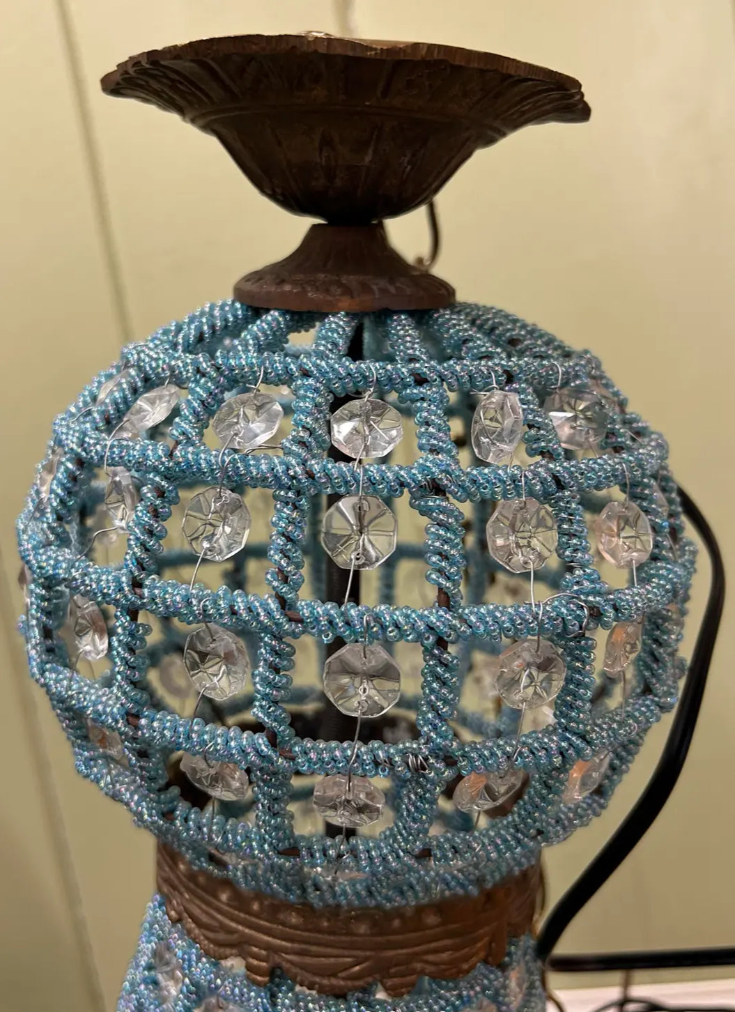 Vintage French Blue Crystal Beaded Brass Stag Deer Head Chandelier