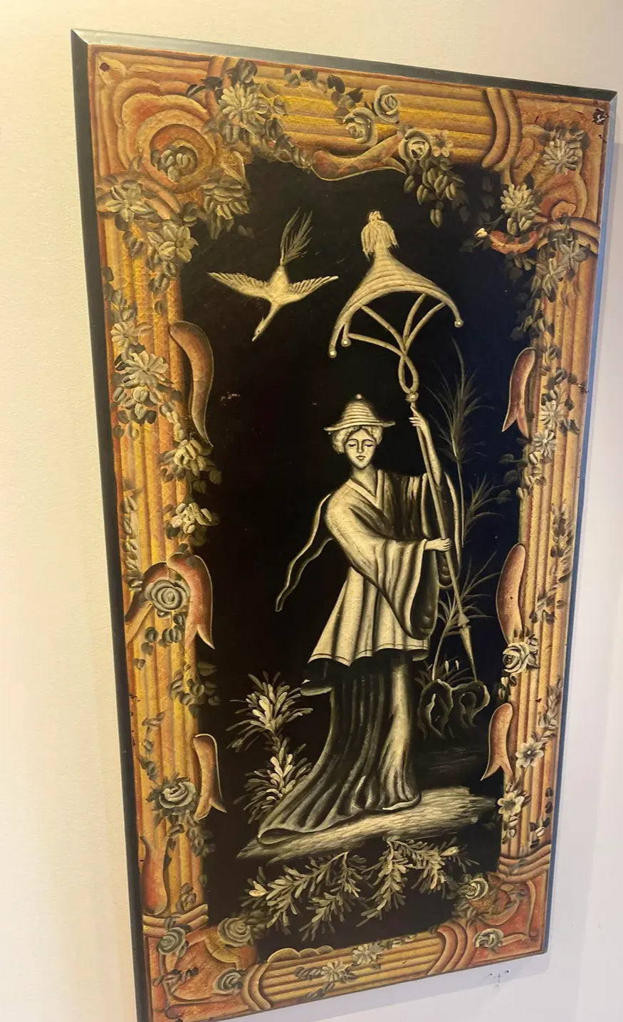 1980s Pair of Painted Wooden Panels in the Asian Style