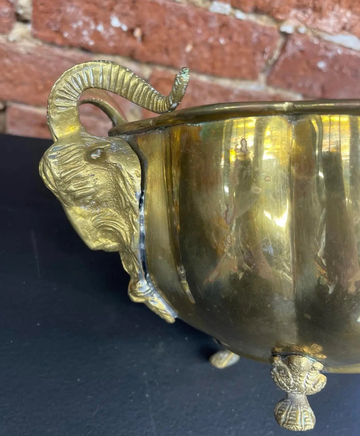 Vintage Brass Bowl With Rams Heads