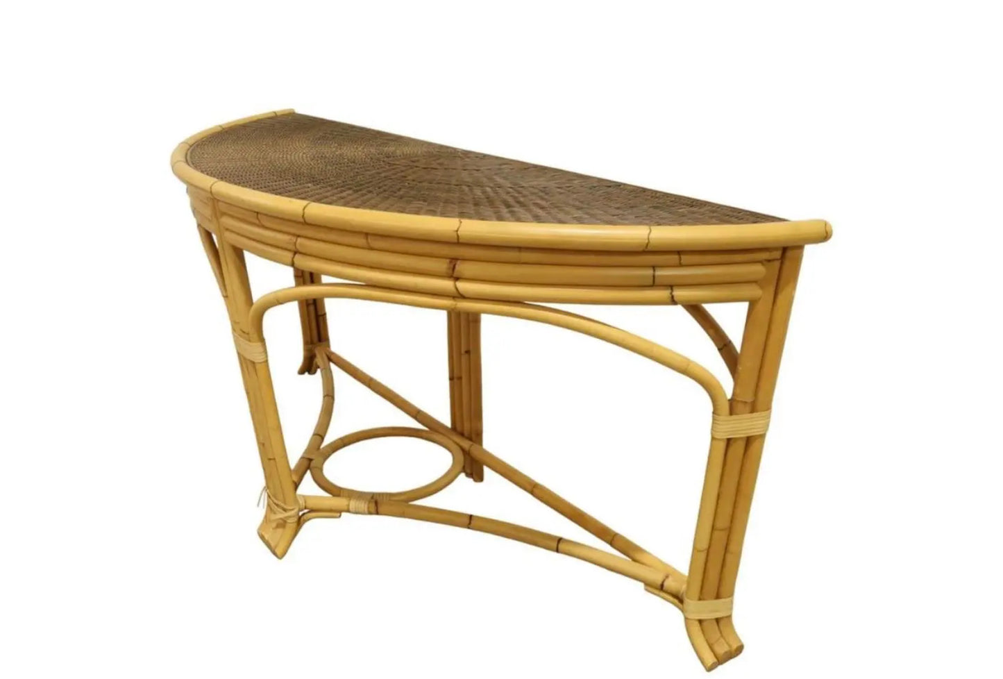 A Pair of Large Rattan and Bamboo Demilune Tables by John Hutton for Donghia