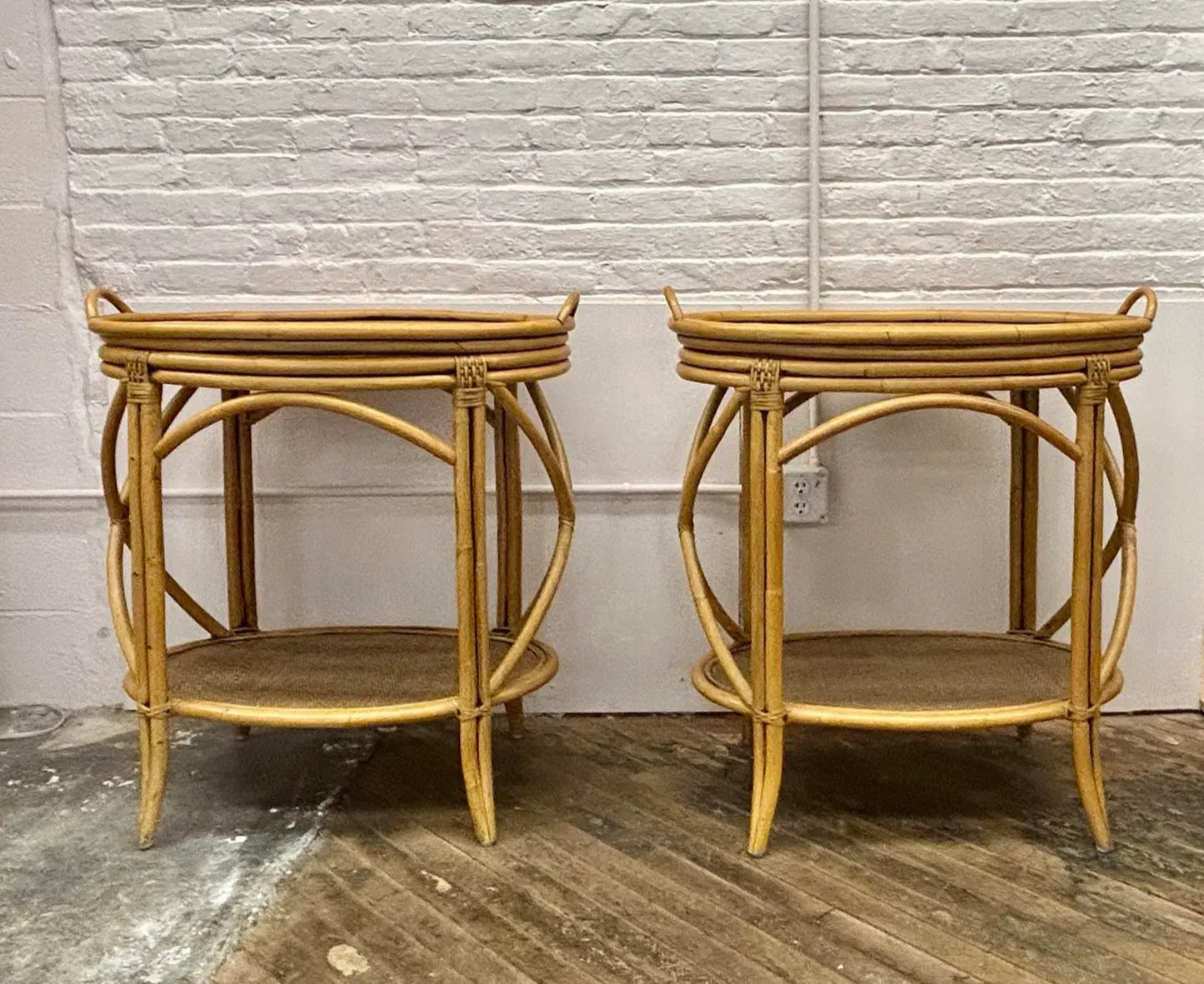 A Pair of Vintage Mid 30th Century McGuire Coastal Bent Bamboo and Rattan Oval Bar Tables With Removable Serving Trays