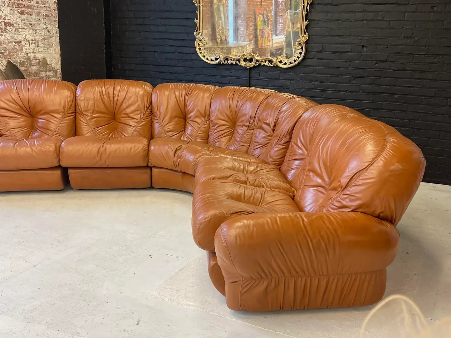 1970s Vintage Mid-Century Cognac Leather Sectional Sofa