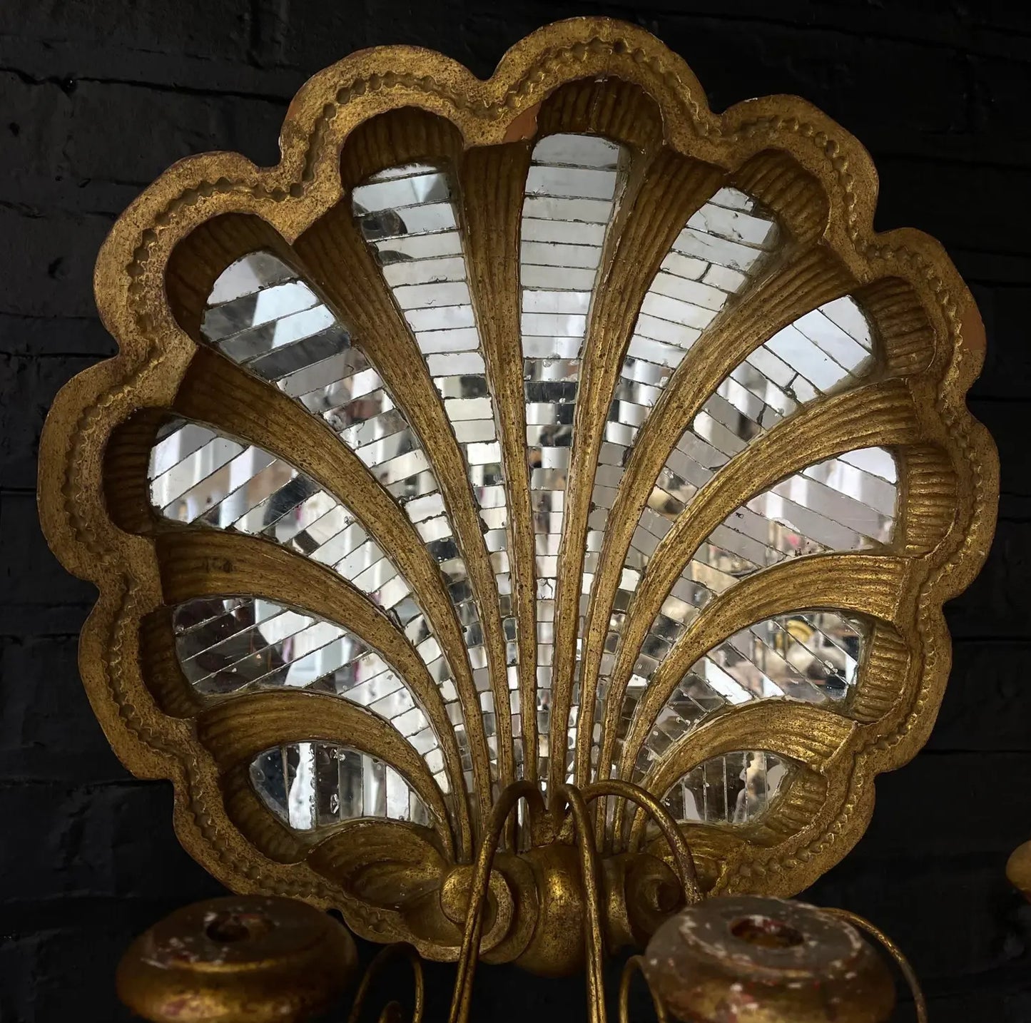 1980s Gilt Carved Shell Mosaic Mirror With a Three-Branch Sconce Arm