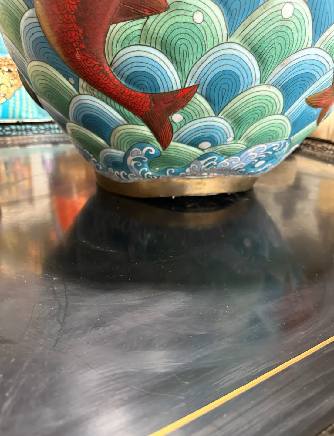 Large Antique Japanese Cloisonne Enamel Vase With Koi Fish