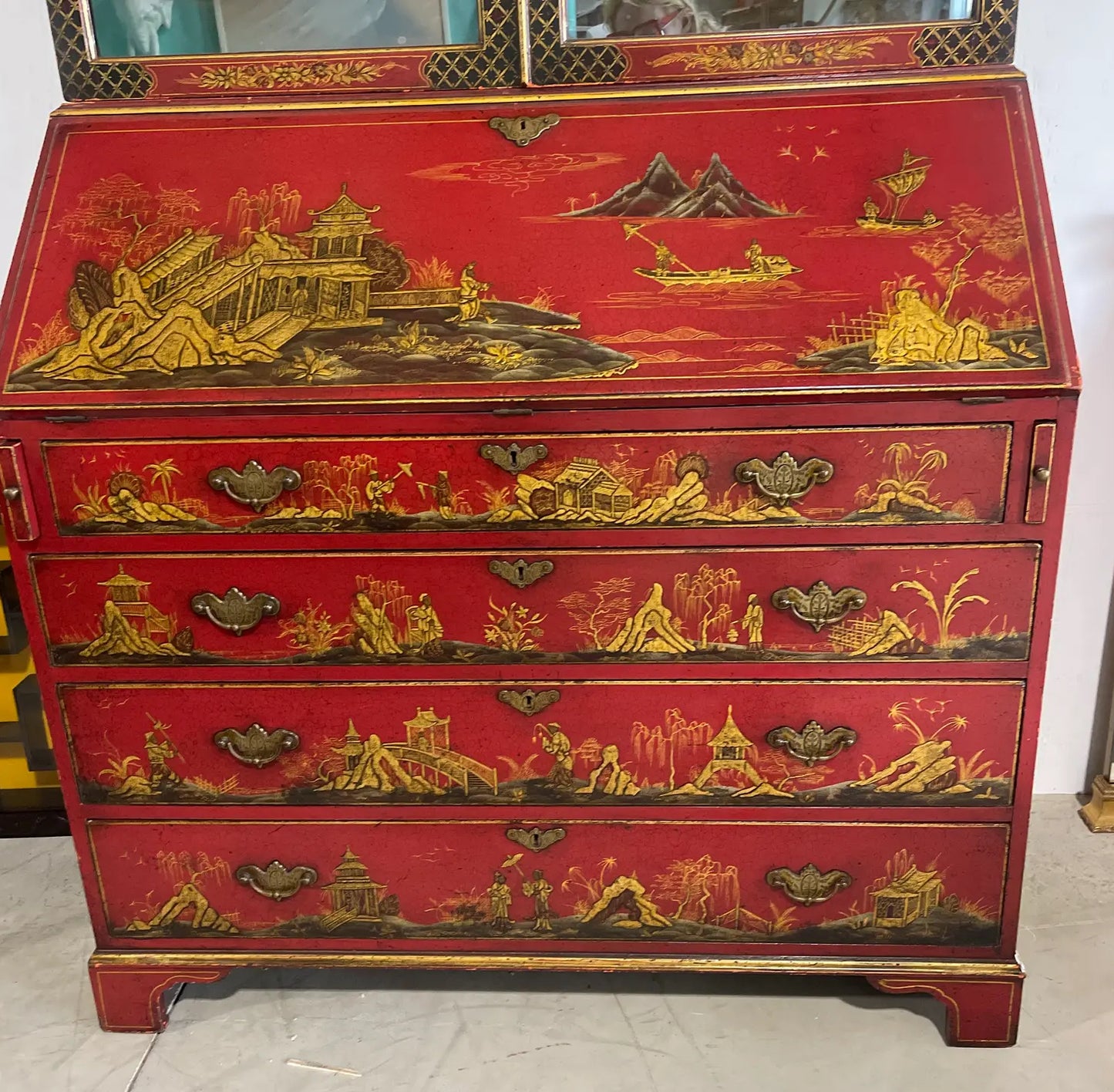 1970s Vintage Red Chinoiserie Secretary Desk