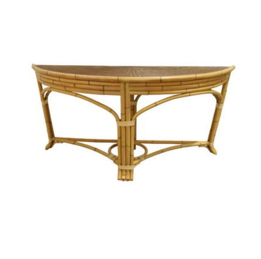 A Pair of Large Rattan and Bamboo Demilune Tables by John Hutton for Donghia