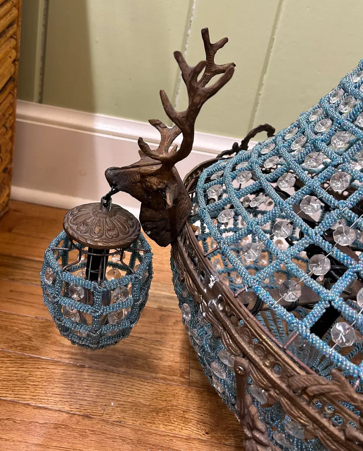 Vintage French Blue Crystal Beaded Brass Stag Deer Head Chandelier