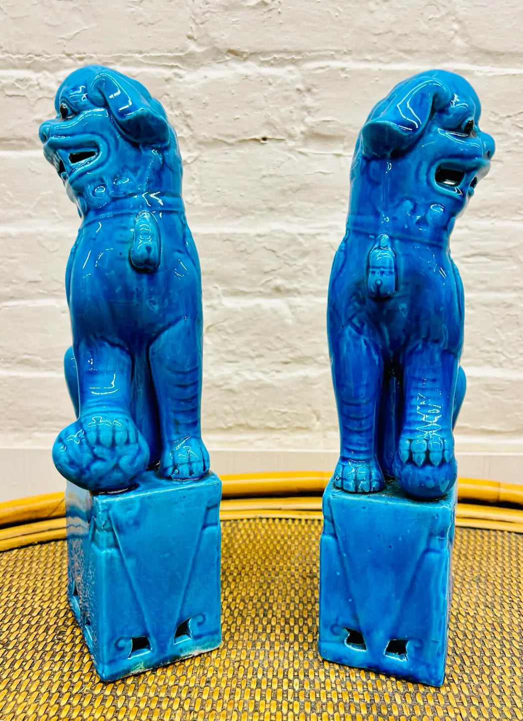 Pair of Vintage Mid-Century Modern Cobalt Blue Chinese Porcelain Mounted Foo Dogs
