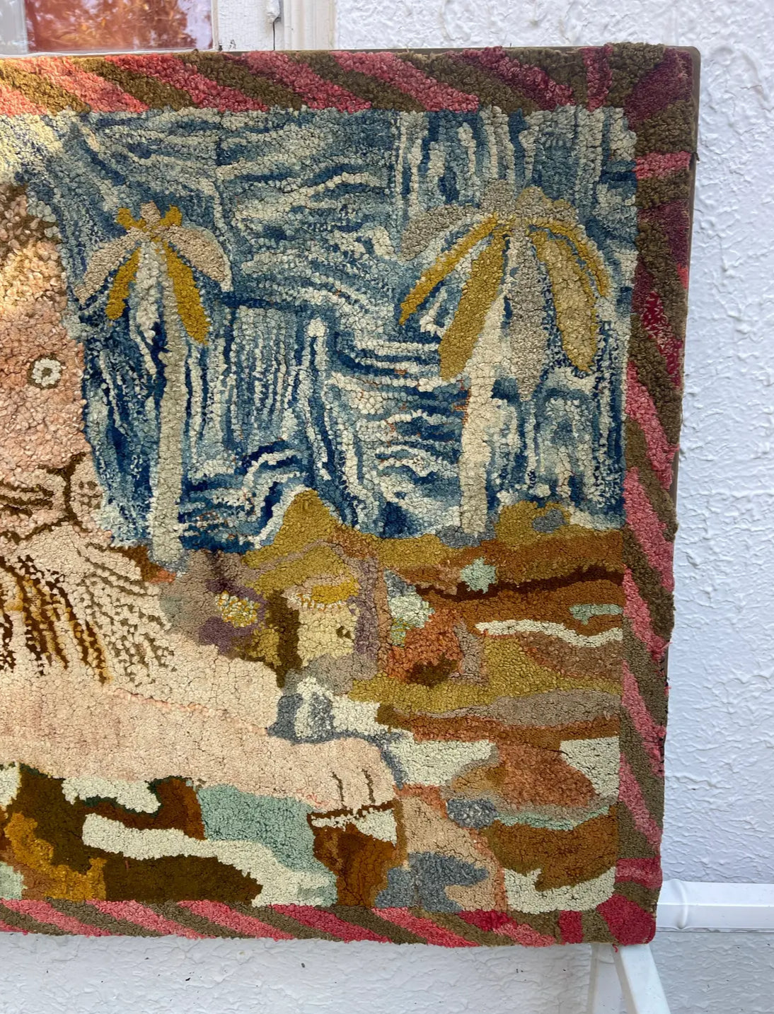 Large Antique Hooked Rug of a Lion With Palms