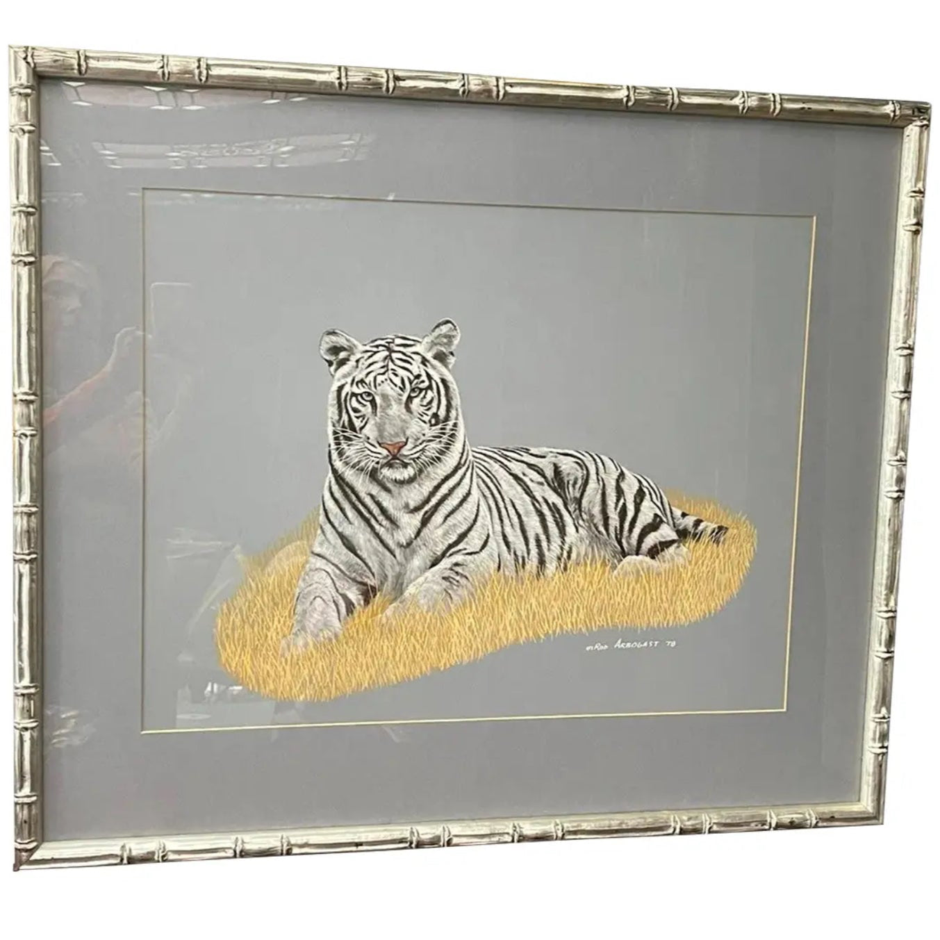 1970s Painting of a White Tiger, Framed