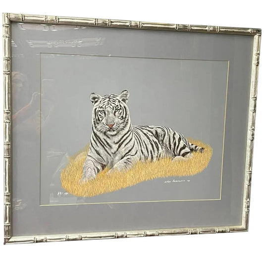 1970s Painting of a White Tiger, Framed
