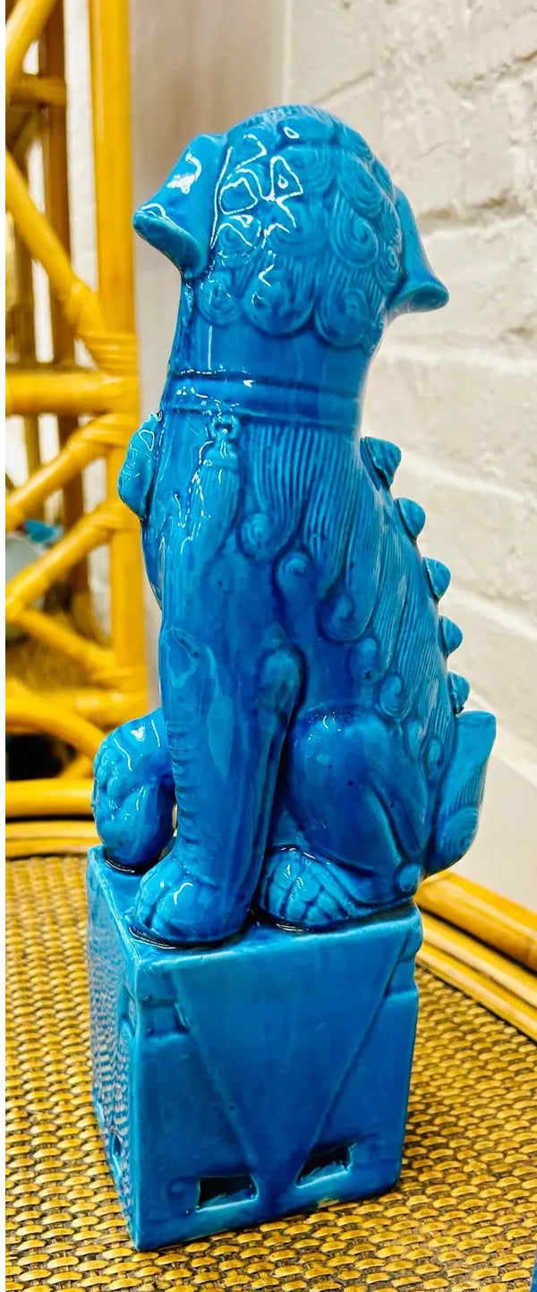 Pair of Vintage Mid-Century Modern Cobalt Blue Chinese Porcelain Mounted Foo Dogs