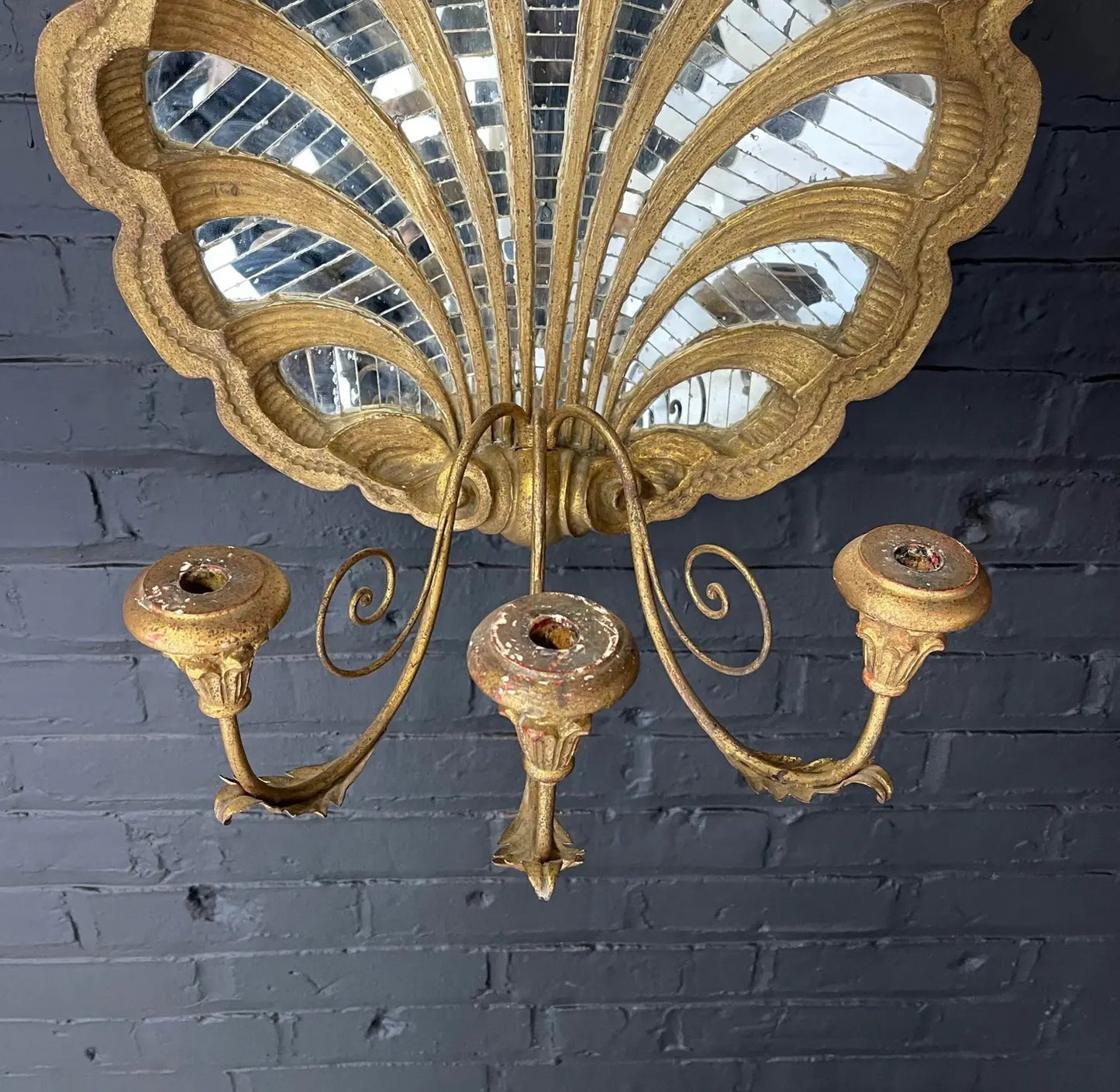 1980s Gilt Carved Shell Mosaic Mirror With a Three-Branch Sconce Arm
