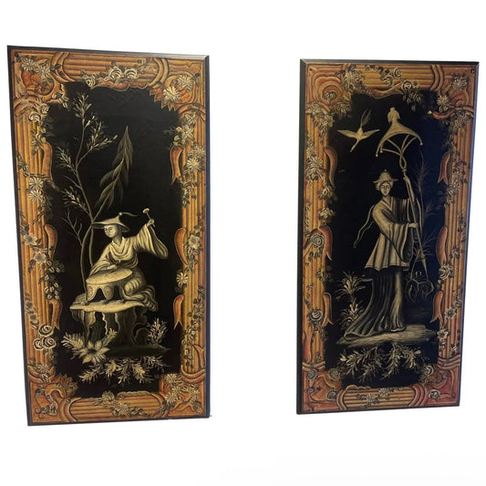 1980s Pair of Painted Wooden Panels in the Asian Style