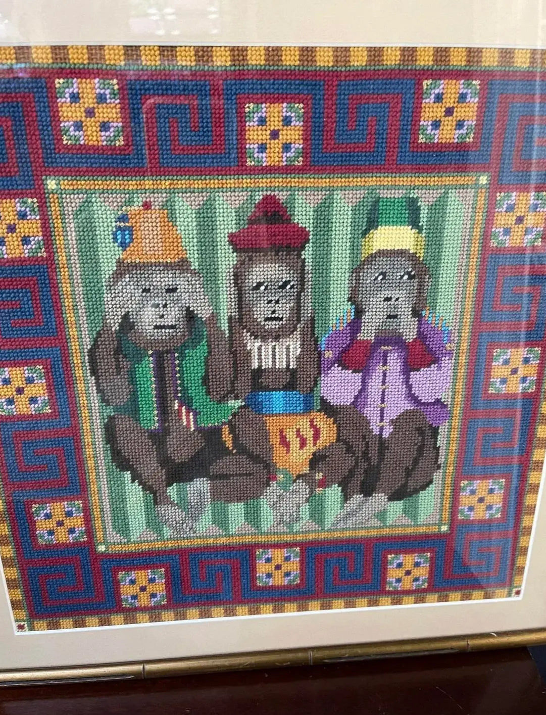 1980s Needlework Picture of Three Monkeys