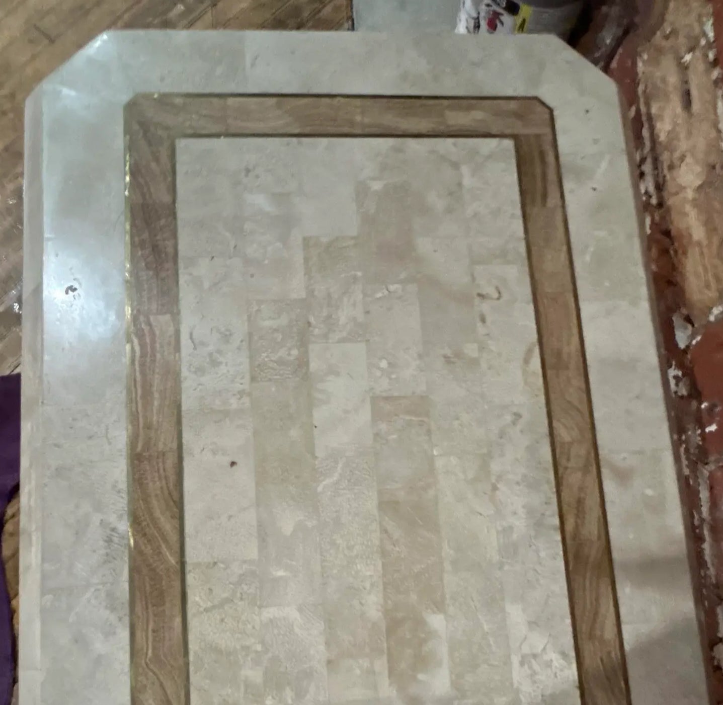 Tessellated Stone Tile Faceteed Console Sofa Table With Brass Inlay Border