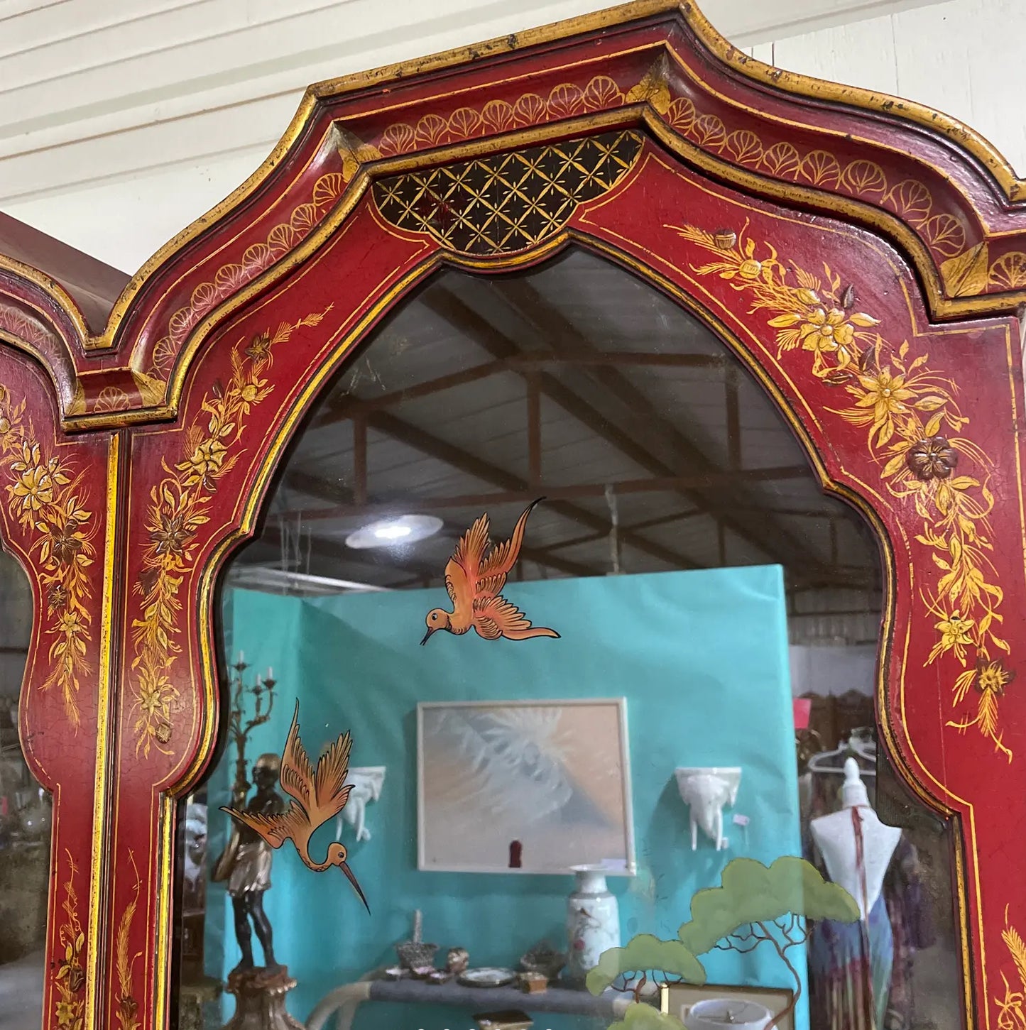 1970s Vintage Red Chinoiserie Secretary Desk