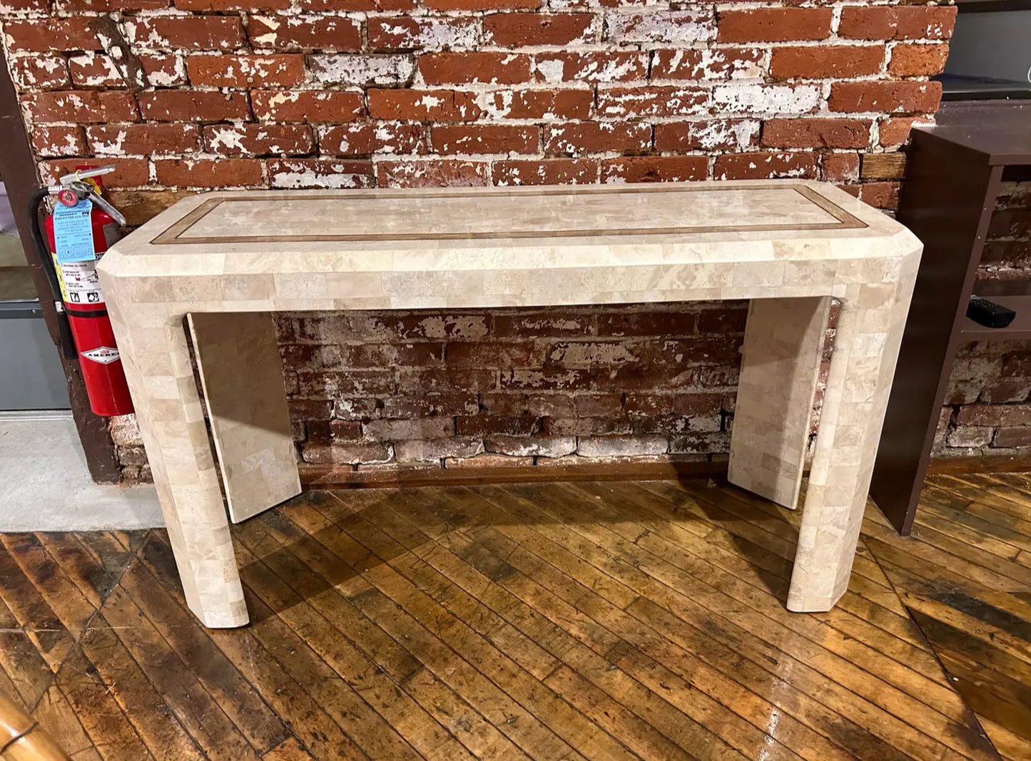 Tessellated Stone Tile Faceteed Console Sofa Table With Brass Inlay Border