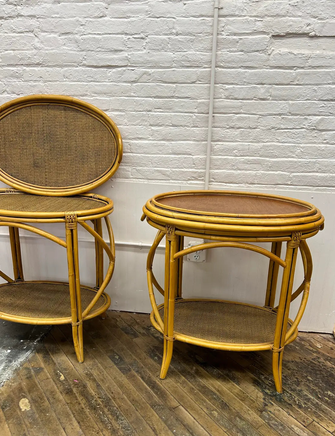 A Pair of Vintage Mid 30th Century McGuire Coastal Bent Bamboo and Rattan Oval Bar Tables With Removable Serving Trays
