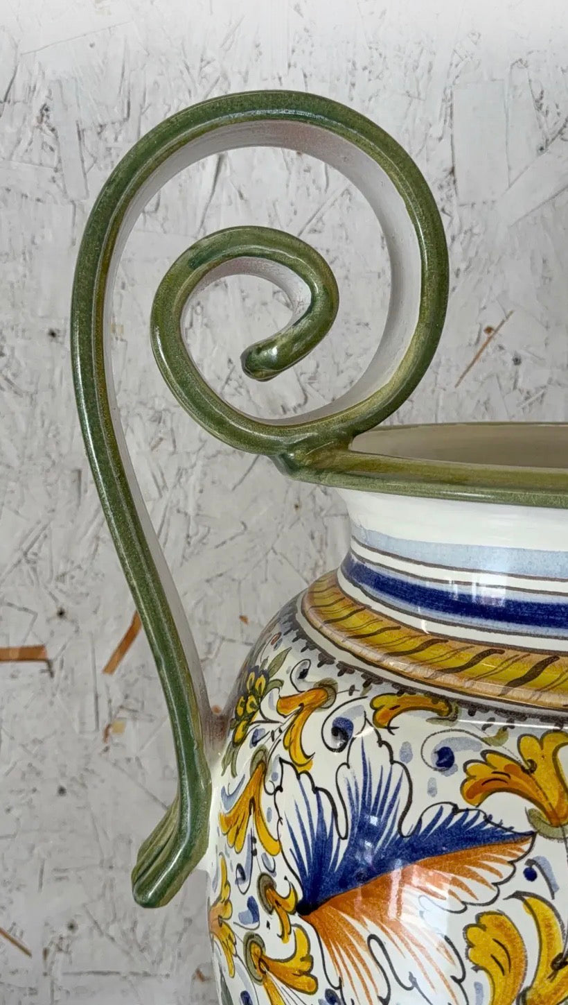 Mid 20th Century Hand-Painted Italian Majolica Ceramic Amphora Floor Vase With Caffagiolo Pattern
