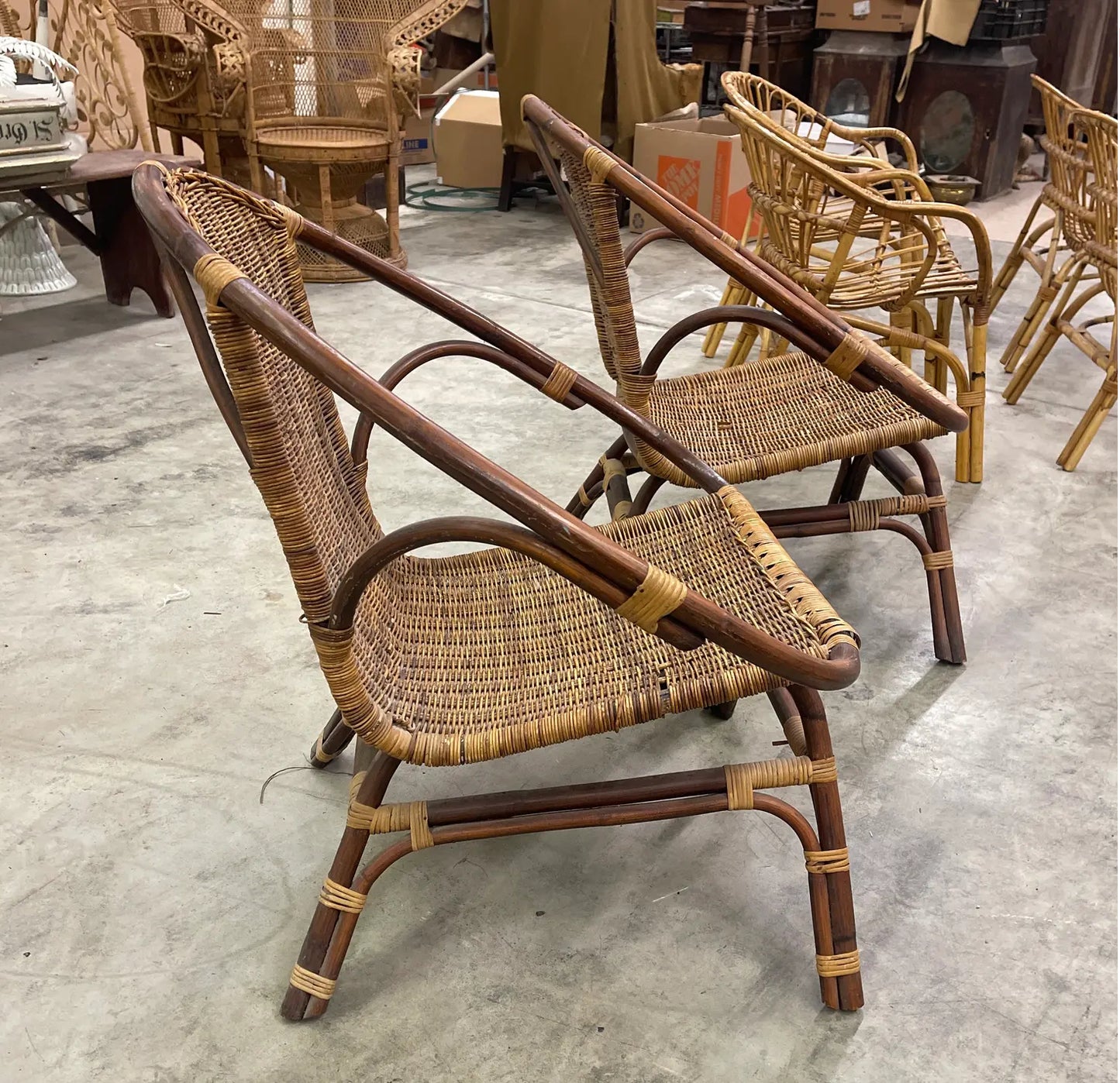 1970s Pair of Vintage Bamboo and Wicker Armchairs