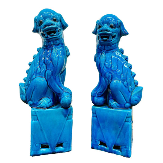 Pair of Vintage Mid-Century Modern Cobalt Blue Chinese Porcelain Mounted Foo Dogs