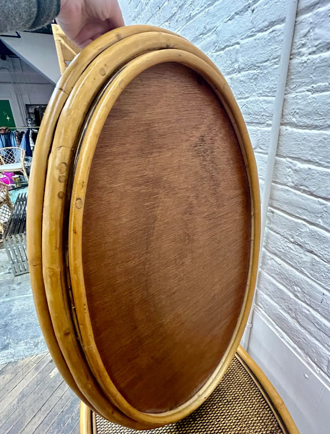 A Pair of Vintage Mid 30th Century McGuire Coastal Bent Bamboo and Rattan Oval Bar Tables With Removable Serving Trays