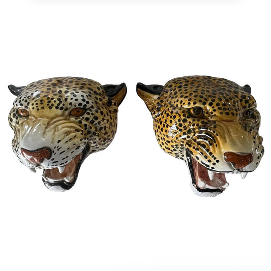 Pair of Vintage 1970s Italian Glazed Terra Cotta Leopard Wall Sculptures